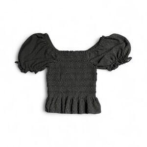 Express Black‎ Swiss Dot Smocked Puff Sleeve Crop Top (XS)